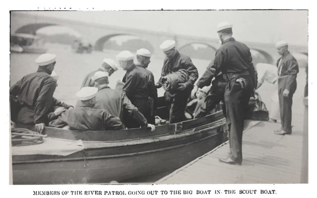Members Of The River Patrol Going Out To The Big Boat In The Scout Boat