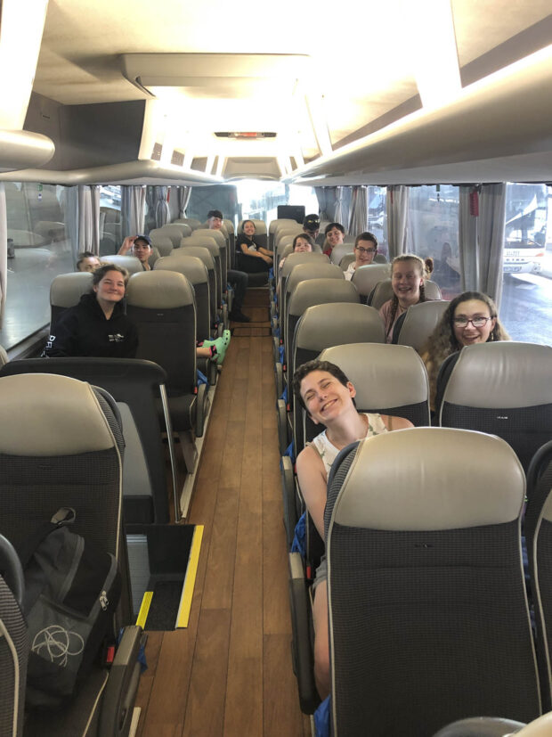 Students getting settled on the bus after arriving at Charles de Gaulle Airport before the 3 hour drive to Seicheprey.