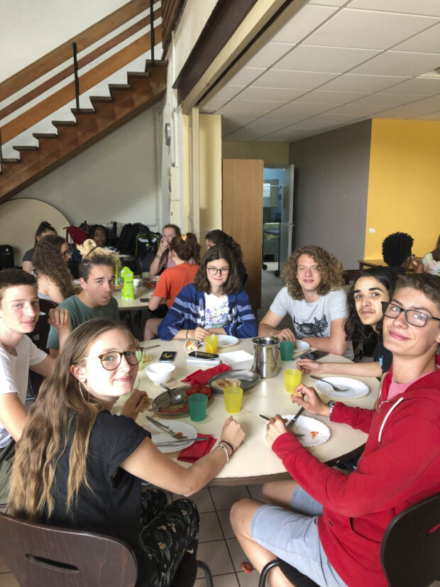French students at a table in the Carrefour des Jeunes during our first meal in France.